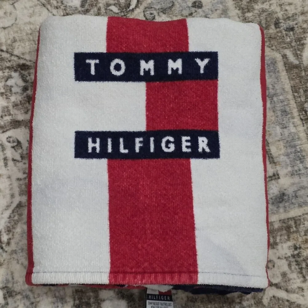 Vintage Tommy Hilfiger American Flag Beach Towel 90s Stars Stripes Cotton